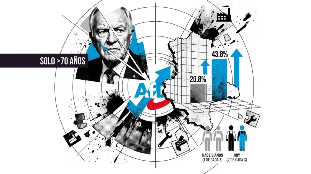 Collage sobre las elecciones en Sajonia-Anhalt. Muestra el salto de votos de la AfD del 20,8% al 43,8%