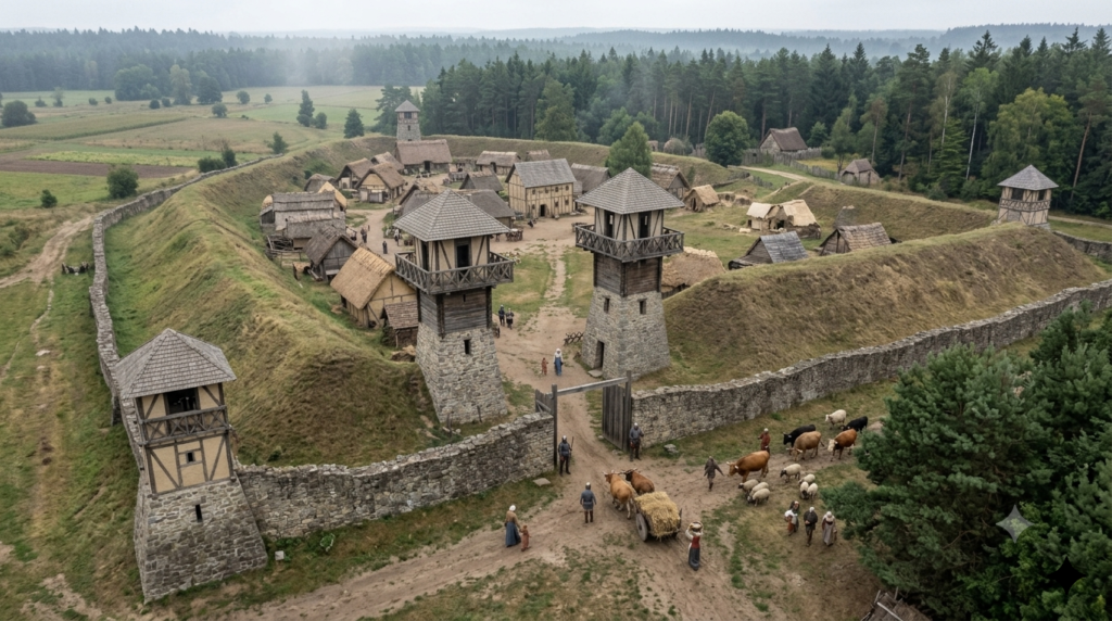 Representación del limes romano con soldados romanos vigilando una frontera del Imperio Romano junto a una fortificación